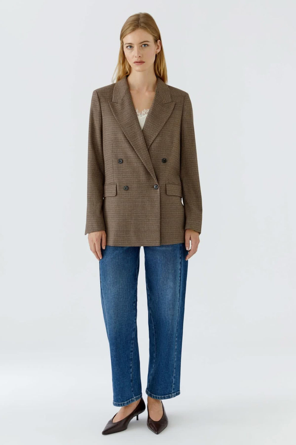 Women's plaid double-breasted blazer front view Oui