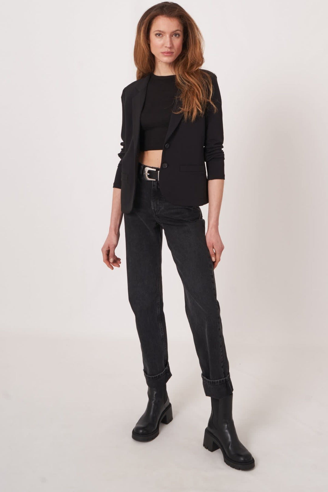 Vue latérale veston Repeat Cashmere pour femme gris détail boutons - Valérie Simon