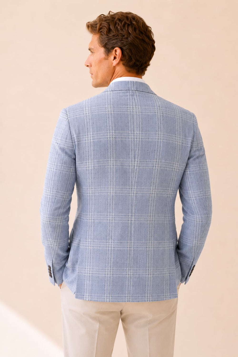 Men's blue plaid blazer with linen-wool front, pockets, and buttons by Tagliatore - Valérie Simon