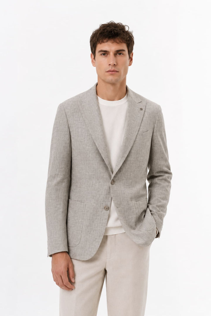 Vue de face veston Tagliatore homme en lin et soie beige avec boutons distinctifs - Valérie Simon