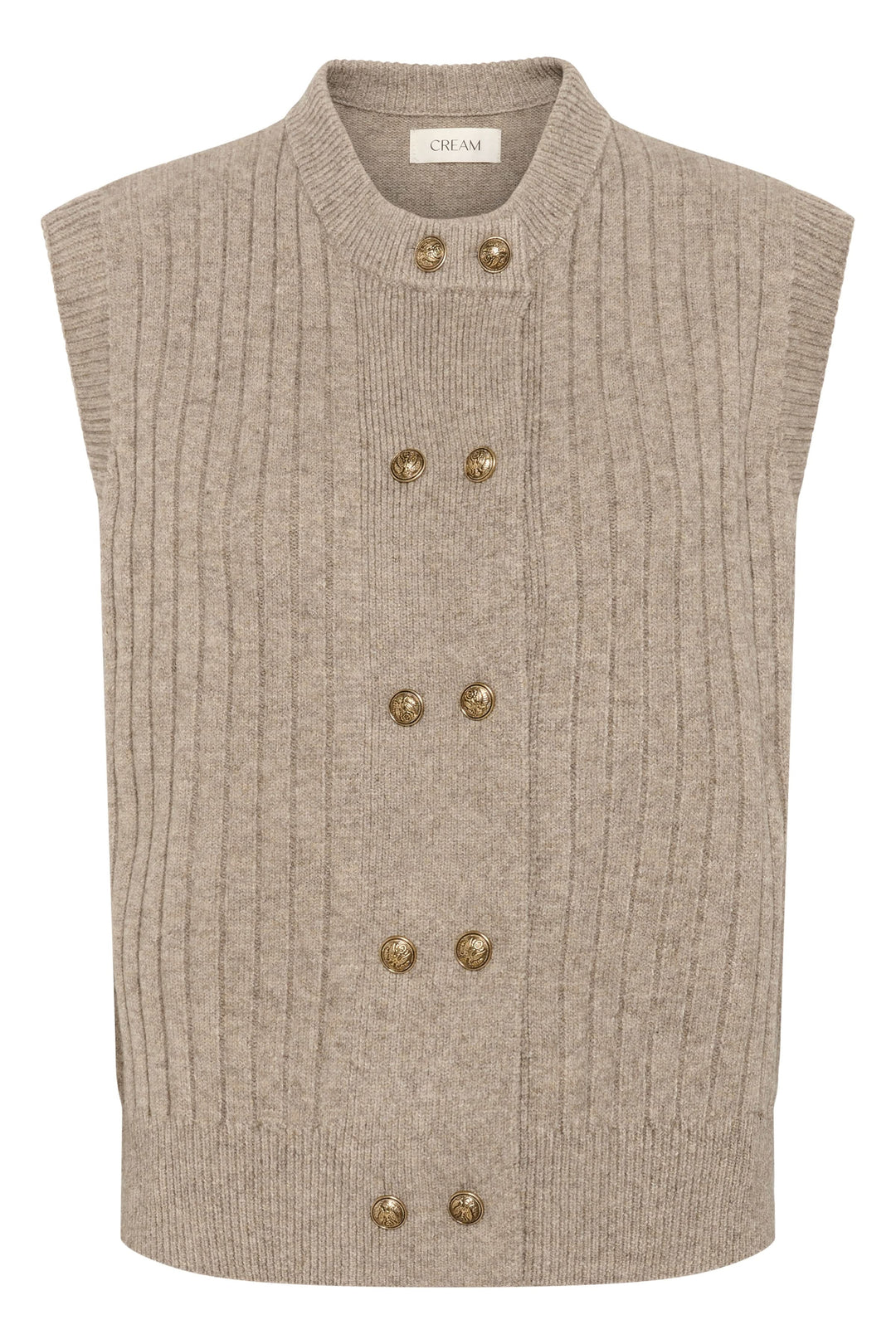 Veste Eroka sans manches en tricot à boutons dorés, chic et élégante, style côtelé idéal pour superposer avec des chemises ou pulls.