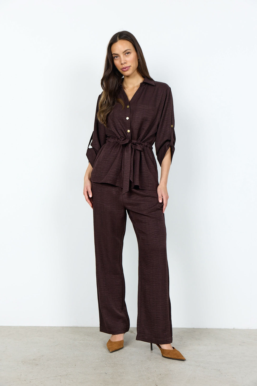 Blouse Charissa fluide ceinturée à manches retroussables