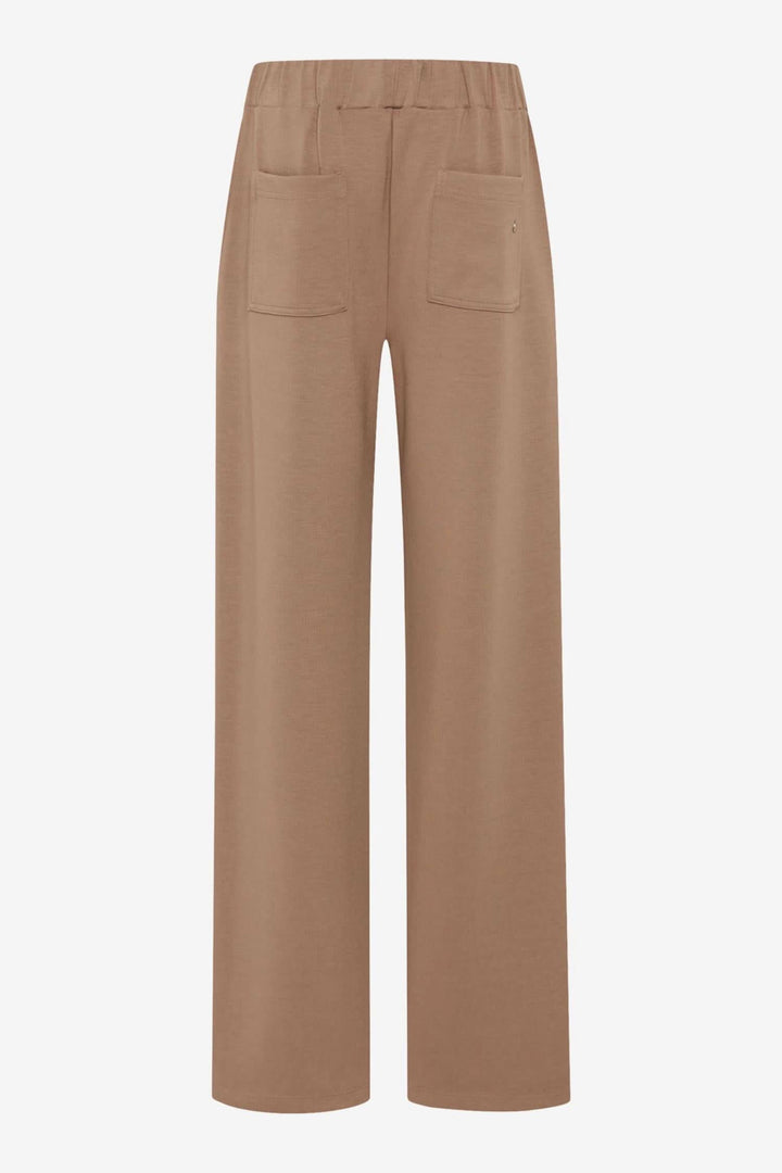 Pantalon palazzo Maine à jambe large, taille élastique, couleur marron, style chic-décontracté.