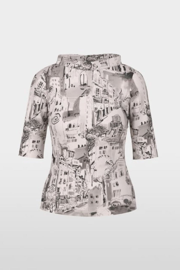 Haut avec motif CITY à manches courtes, imprimé graphique urbain en noir et gris, col montant discret, style artistique moderne.