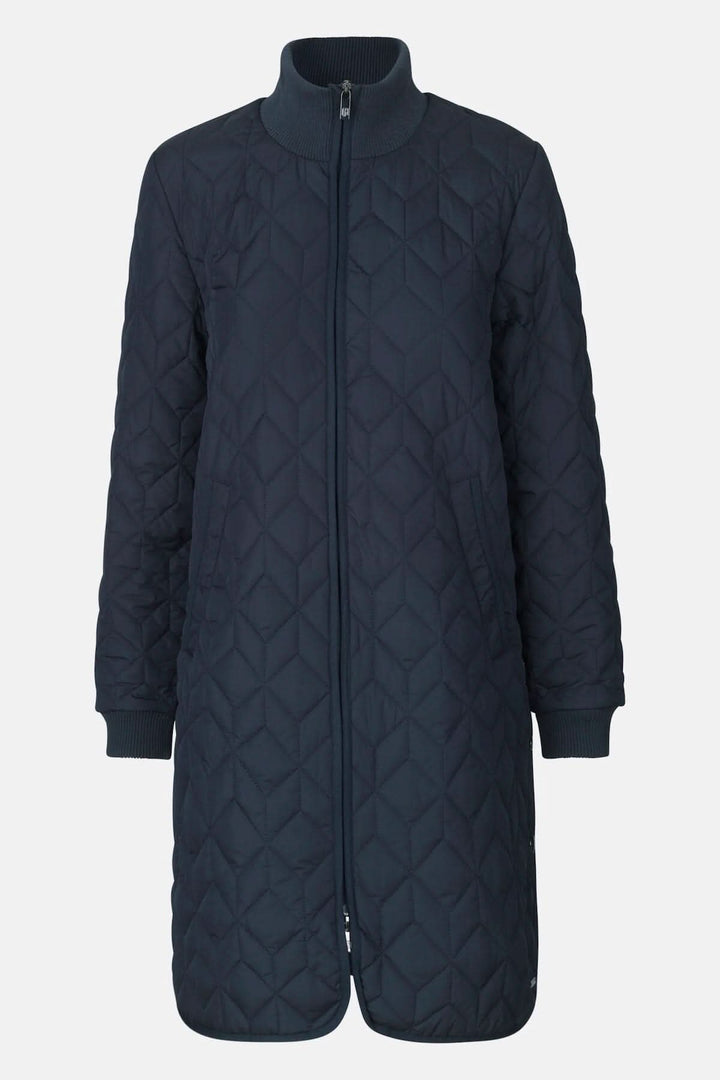 Manteau matelassé long et léger en noir avec fermeture zippée et col montant.