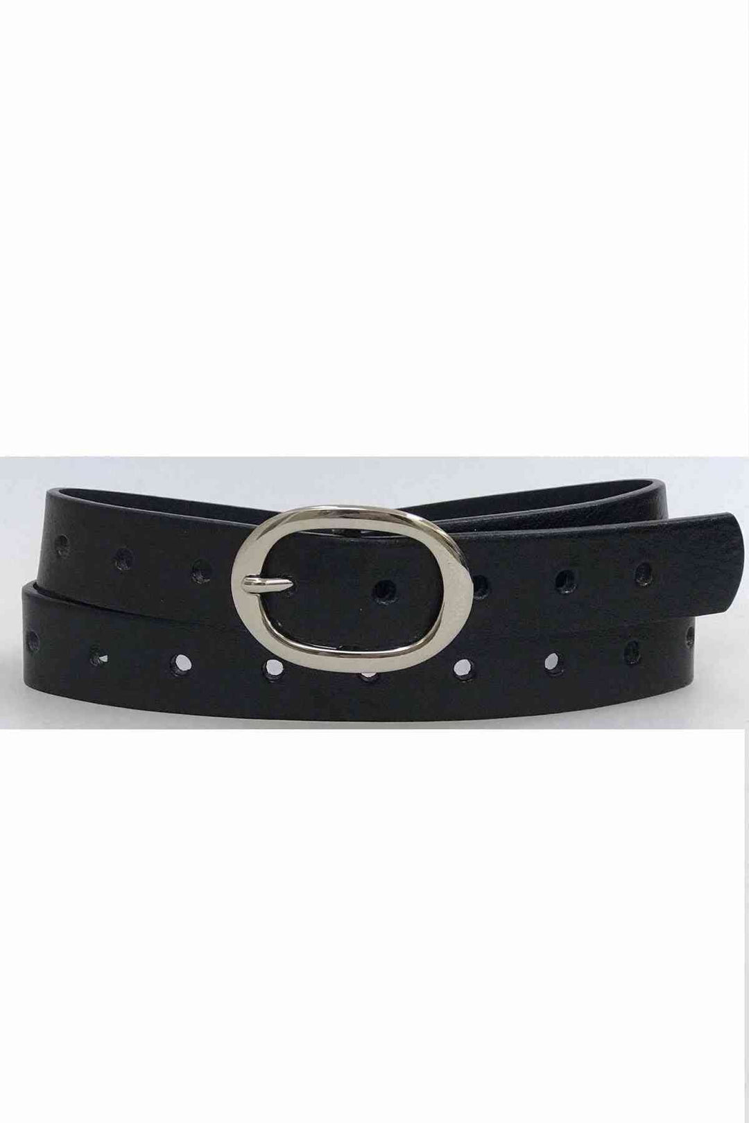 Ceinture en cuir noir avec boucle en métal argenté, idéale pour tous les pantalons. Modèle B-27899.