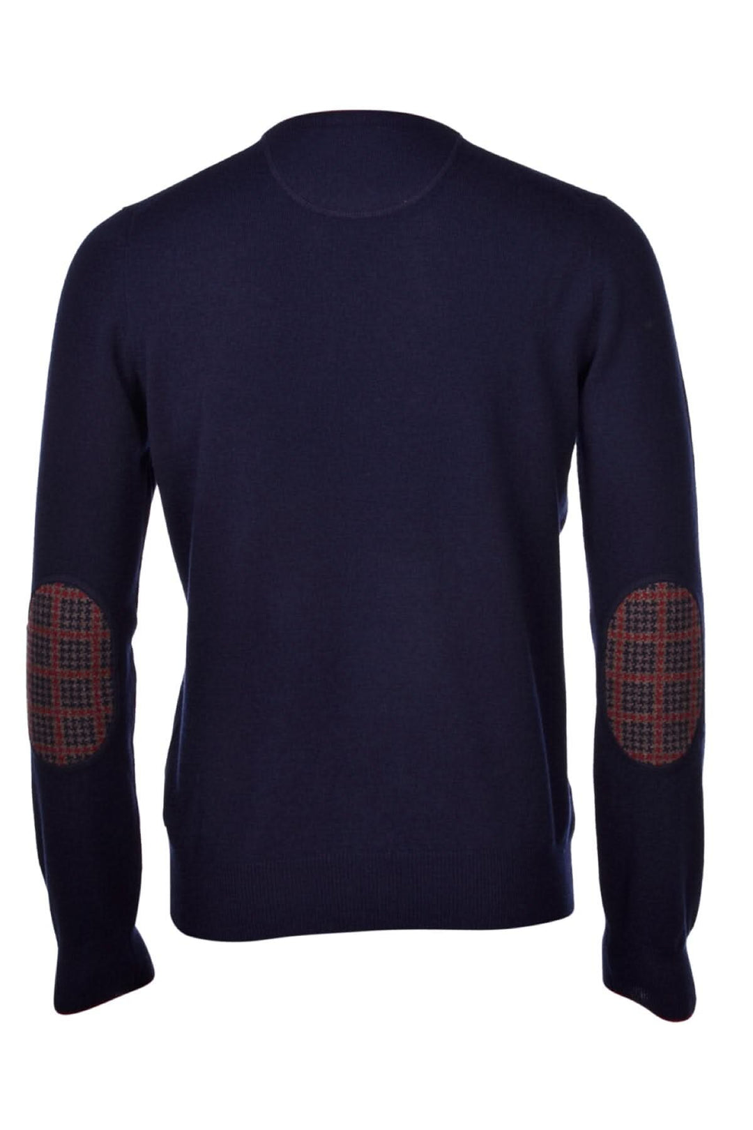 Pull en cachemire bleu marine avec patchs en tweed aux coudes, coupe semi-ajustée, fabriqué en Italie.