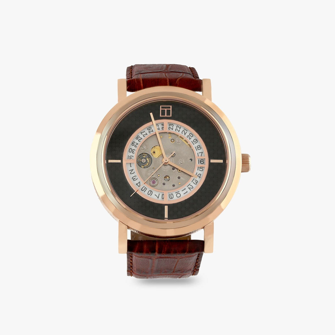 Esposto Automatic Watch With Black Leather, Black Carbon Fibre and Rose Gold Plated Stainless Steel Tateossian