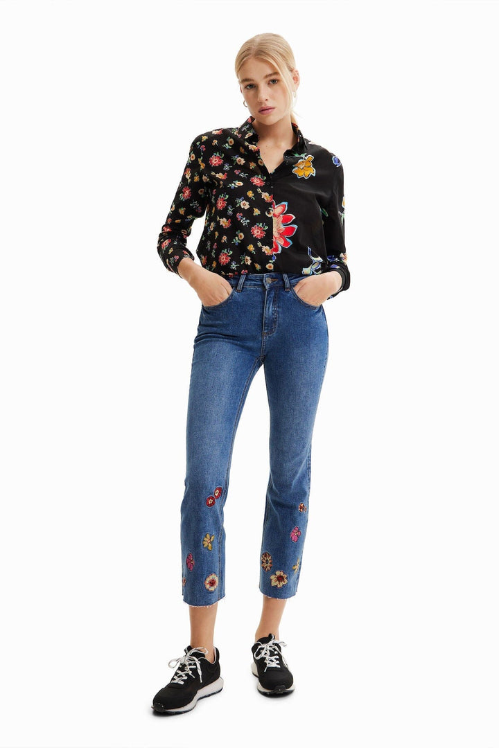 Jean court évasé à broderie florale Femme - Bas - Pantalon - Jeans Desigual