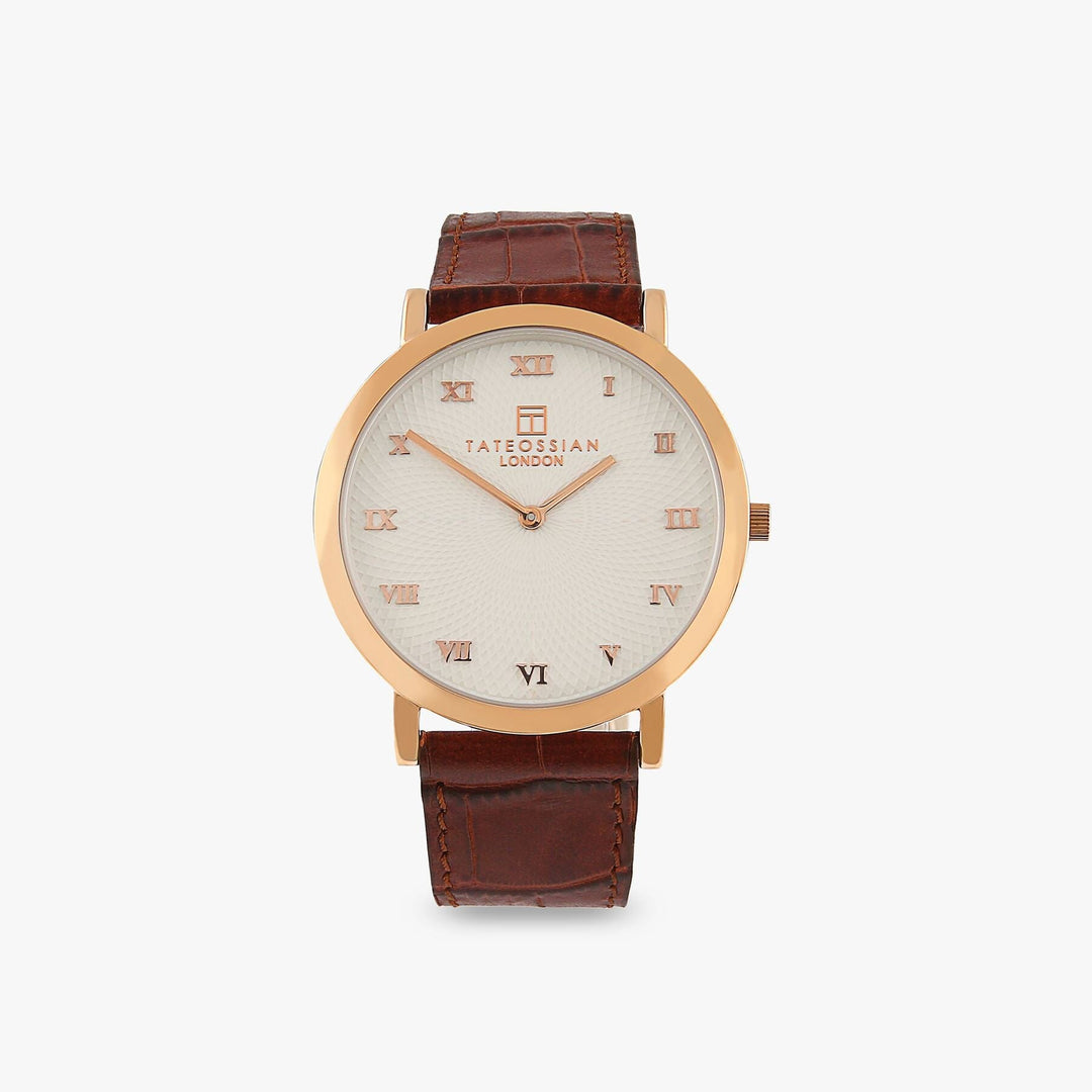 Rotondo Guilloché Ultra Slim Watch With Brown Italian Leather and Rose Gold Plated Stainless Steel Tateossian