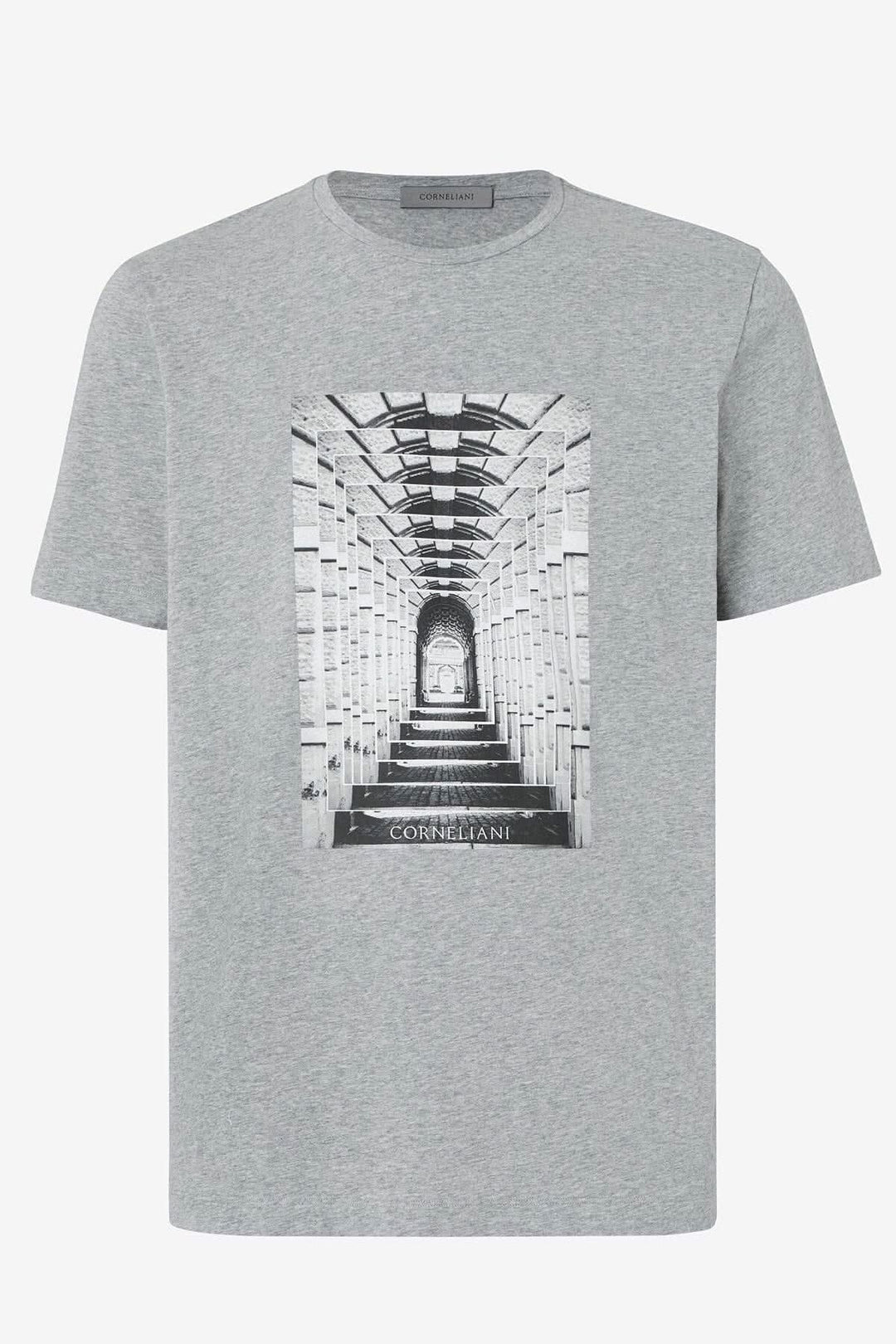 T-shirt graphique gris à col ras du cou avec impression de Mantoue sur le devant.