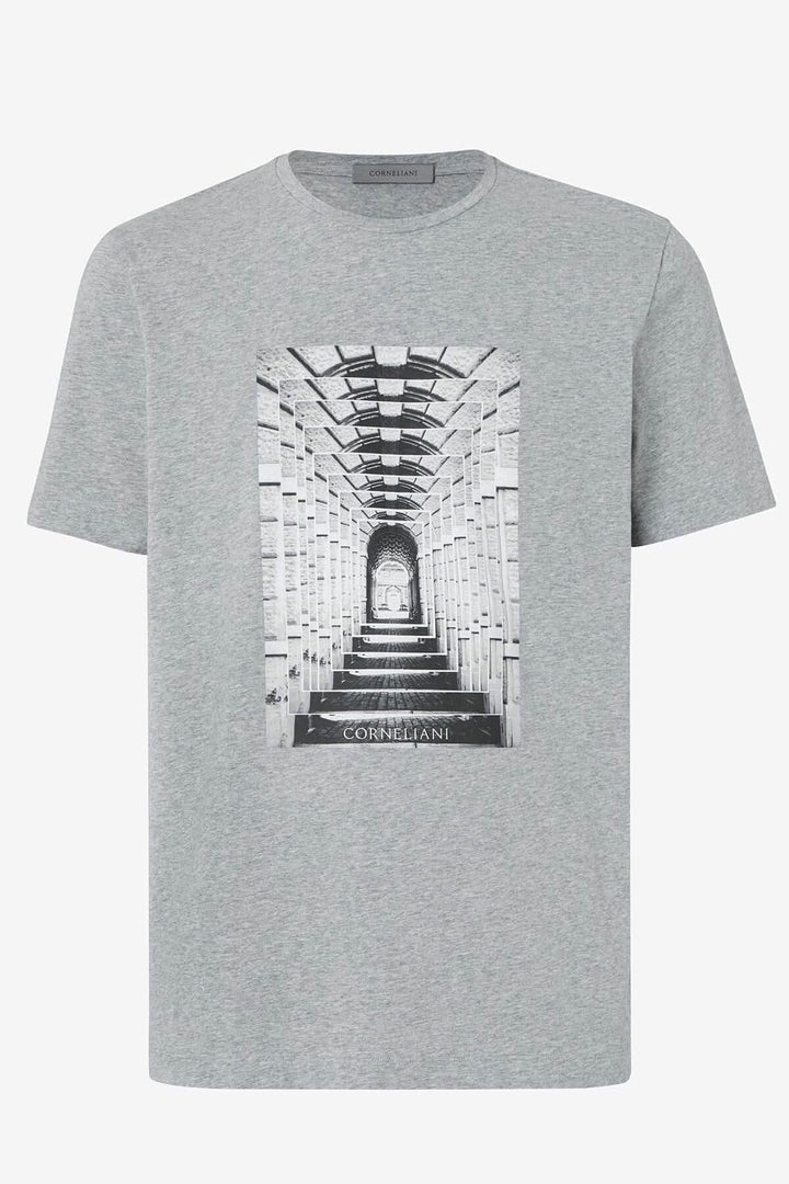 T-shirt graphique gris à col ras du cou avec impression de Mantoue sur le devant.